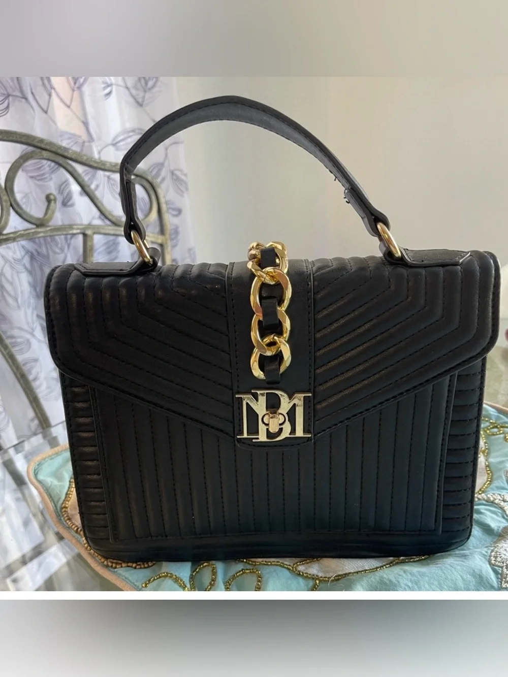 Badgley Mischka Black Quilted Satchel with Gold Chain and Logo